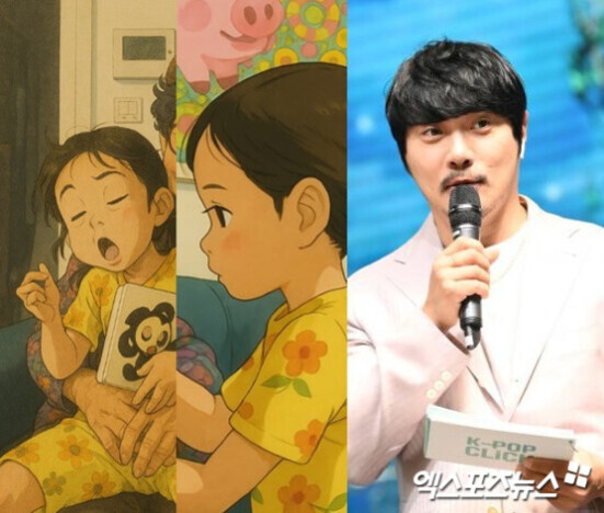 왼쪽 두 이미지는 노란색 꽃무늬 잠옷을 입은 여자 아이의 애니메이션 스타일 그림이고, 오른쪽에는 마이크를 들고 있는 남성이 연단에 서 있다.