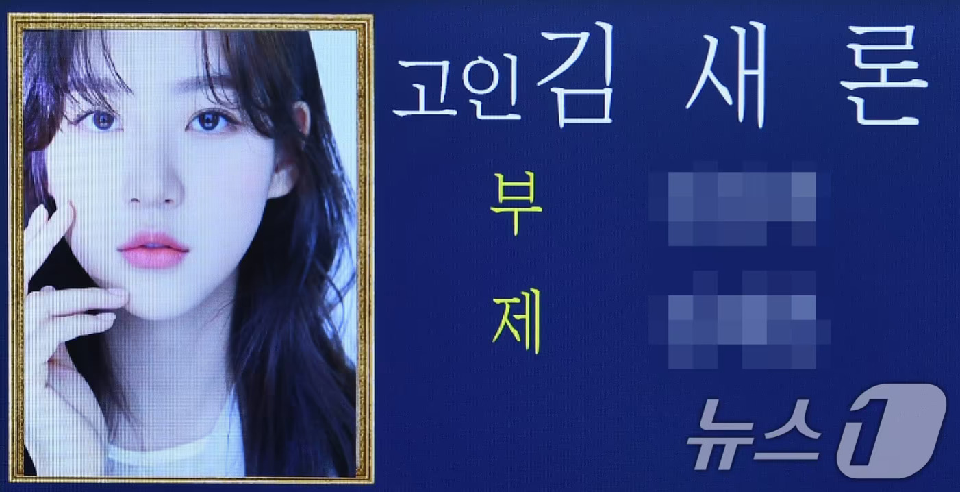 푸른 배경에 영정 사진이 왼쪽에 있고, 오른쪽에는 '고인 김새론'과 함께 부제 등의 정보가 한글로 적혀 있으며 일부는 모자이크 처리되어 있다. 우측 하단에는 뉴스1 로고가 있음.