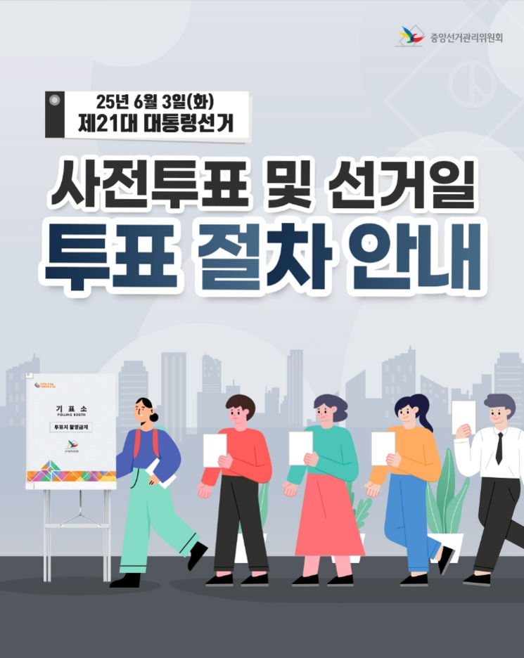 2025년 6월 3일 제21대 대통령선거 사전투표 및 선거일 투표 절차 안내 포스터. 중앙선거관리위원회 로고와 함께, 기표소 앞에서 투표용지를 들고 줄 서 있는 다섯 명의 사람들이 그려져 있다.
