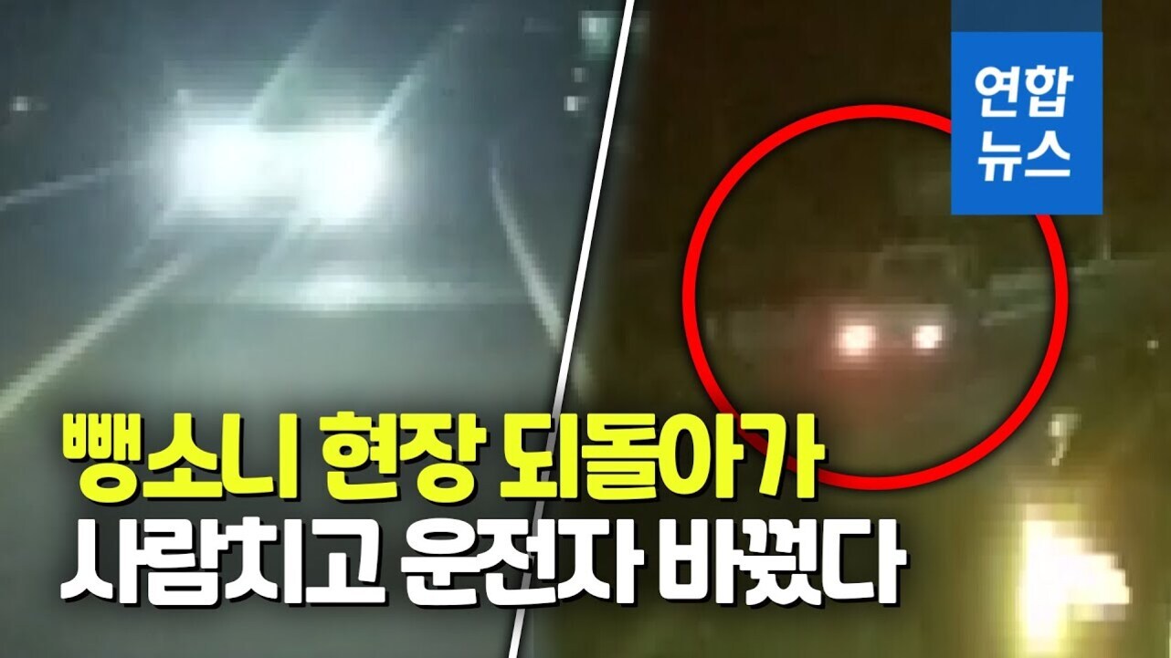 야간에 차량 전조등이 켜진 도로 상황과 오른쪽에는 붉은 원으로 강조된 자동차, 상단 우측엔 '연합뉴스' 로고가 있고 하단에는 '뺑소니 현장 되돌아가 사람치고 운전자 바꿨다'라는 문구가 적혀 있다.