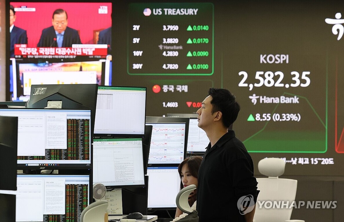 여러 대의 모니터 앞에서 일하는 증권사 직원들, 배경에는 KOSPI 지수(2,582.35)와 미국 국채 수익률 등 금융 정보가 표시된 대형 전광판이 보인다.