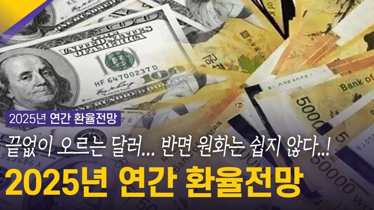 미국 달러 지폐와 한국 5만원권 지폐가 겹쳐진 배경 위에 '2025년 연간 환율전망', '끝없이 오르는 달러... 반면 원화는 쉽지 않다..! 2025년 연간 환율전망'이라는 문구가 적혀 있다.