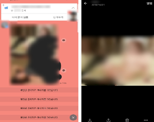 두 개의 화면이 나란히 배치되어 있으며, 왼쪽은 채팅 앱의 대화 창이고 오른쪽은 사진 앨범에서 이미지를 보는 화면이다. 두 이미지 모두 주요 내용이 흐릿하게 처리되어 있다.