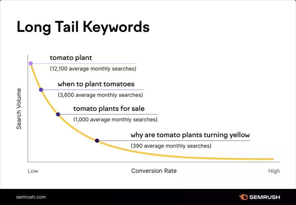 'Long Tail Keywords'라는 제목의 그래프 이미지로, 세로축은 'Search Volume'(검색량), 가로축은 'Conversion Rate'(전환율)를 나타냄. 곡선 위에 네 가지 토마토 관련 키워드와 월평균 검색수치가 표시되어 있음: tomato plant(12,100회), when to plant tomatoes(3,600회), tomato plants for sale(1,000회), why are tomato plants turning yellow(390회).