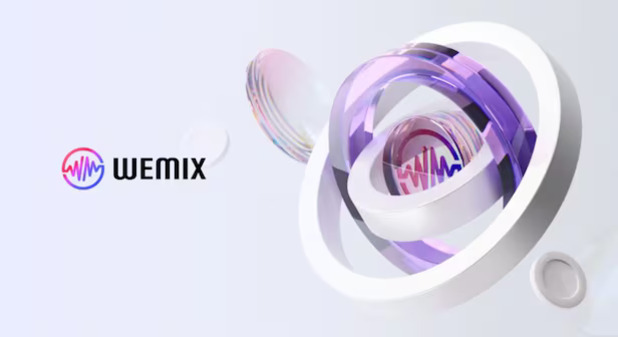 왼쪽에 'WEMIX' 로고와 텍스트, 오른쪽에는 보라색과 흰색의 원형이 겹쳐진 추상적인 3D 그래픽 이미지가 있다.