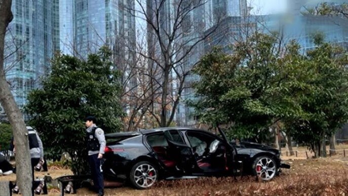 도심 공원에서 경찰이 검은색 승용차를 조사하고 있으며, 차 문이 열려 있고 주변에 경찰견들이 있다. 배경에는 고층 빌딩과 나무들이 보인다.