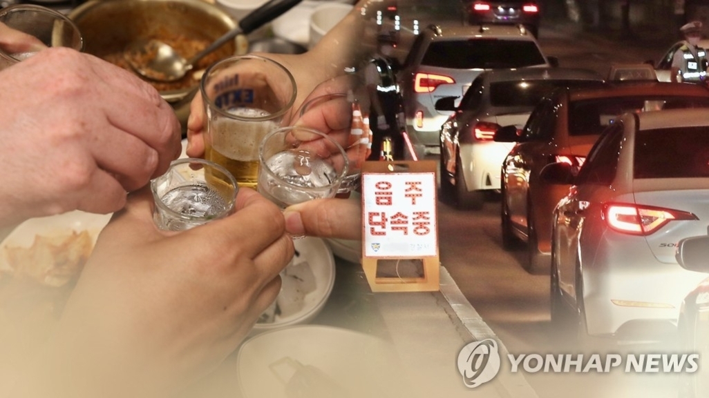 여러 사람이 술잔을 부딪히는 장면과 함께 도로에서 음주 단속 중인 현장이 합성된 이미지