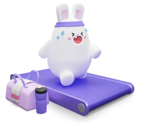 운동기구 위에서 땀을 흘리며 운동하는 토끼 캐릭터와 옆에 놓인 가방, 물병, 수건