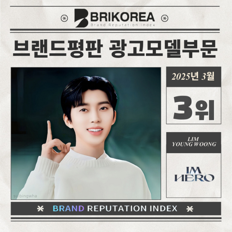 브랜드평판 광고모델부문 2025년 3월 BRIKOREA 브랜드 평가에서 임영웅이 3위를 차지했다는 내용을 담은 이미지. 중앙에는 미소를 짓고 손가락을 치켜드는 남성의 일러스트가 있다.