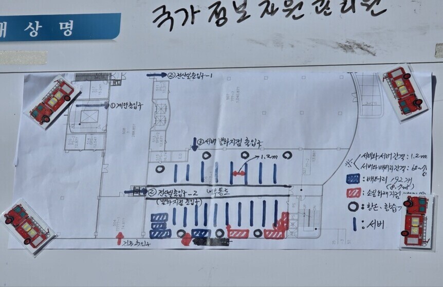 국가 정보 자원 관리원 건물의 내부 구조와 소방 대피 경로, 서버 위치 등이 표시된 평면도. 네 귀퉁이에 장난감 소방차 이미지가 붙어 있다.