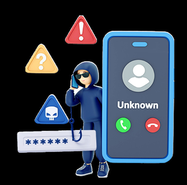 후드와 선글라스를 쓴 사람이 휴대폰으로 통화하며, 옆에 'Unknown'이라고 표시된 전화 화면과 경고 아이콘들, 비밀번호 입력창이 있는 이미지