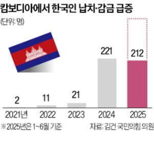 캄보디아에서 한국인 납치·감금 급증을 보여주는 그래프. 2021년 2명, 2022년 11명, 2023년 21명, 2024년 221명, 2025년(1~6월 기준) 212명을 나타냄. 왼쪽에 캄보디아 국기 이미지가 있음.
