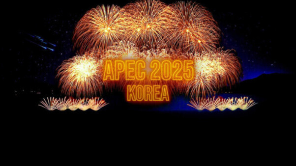 밤하늘에 불꽃놀이가 펼쳐지고 있으며, 중앙에는 'APEC 2025 KOREA'라는 노란색 글자가 밝게 표시되어 있다.