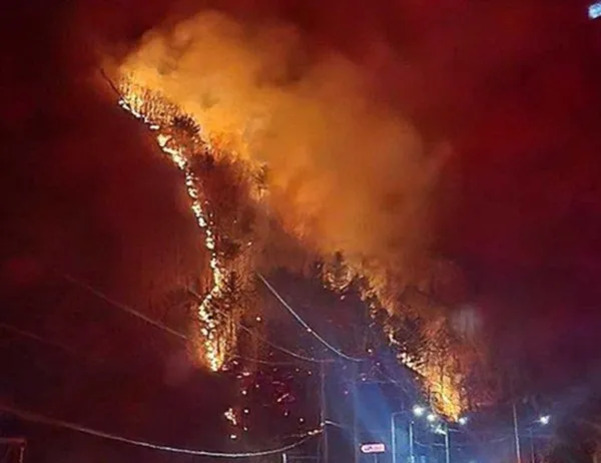 야간에 산불이 발생해 산 중턱과 정상 부근까지 불길과 연기가 치솟는 모습