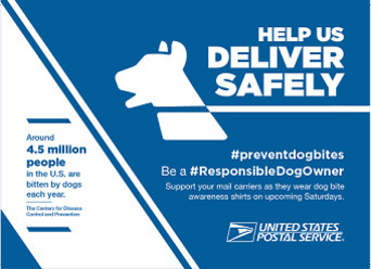 미국 우체국(USPS)의 '안전하게 배송합시다' 캠페인 포스터로, 개 물림 사고 예방과 책임 있는 반려견 소유를 촉구하는 내용이 담겨 있다. 왼쪽에는 미국에서 매년 450만 명이 개에 의해 물린다는 통계와 질병통제예방센터(CDC) 출처가 적혀 있고, 오른쪽에는 개 실루엣 그림과 함께 해시태그 #preventdogbites, #ResponsibleDogOwner가 강조되어 있다.
