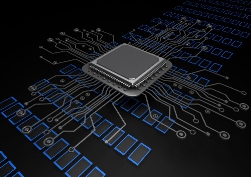 검은 배경 위에 회로와 연결된 중앙 처리 장치(CPU) 이미지