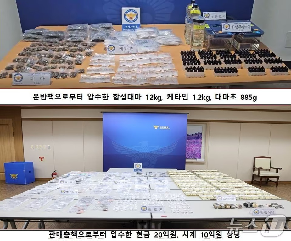 경찰서에서 압수한 마약류(합성대마, 케타민, 대마초)와 현금 및 명품 시계 등이 테이블 위에 전시되어 있는 모습. 각종 증거물과 함께 경찰 표지판이 보인다.