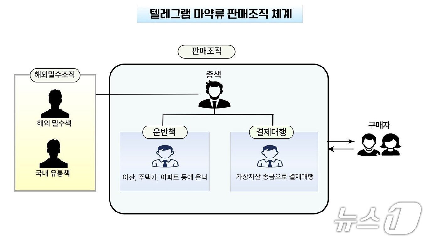 텔레그램을 통한 마약류 판매조직 체계를 도식화한 이미지. 해외밀수조직(해외 밀수책, 국내 유통책)과 판매조직(총책, 운반책, 결제대행) 및 구매자로 구성되어 있으며 각 역할별로 연결 관계가 화살표와 선으로 표시됨.