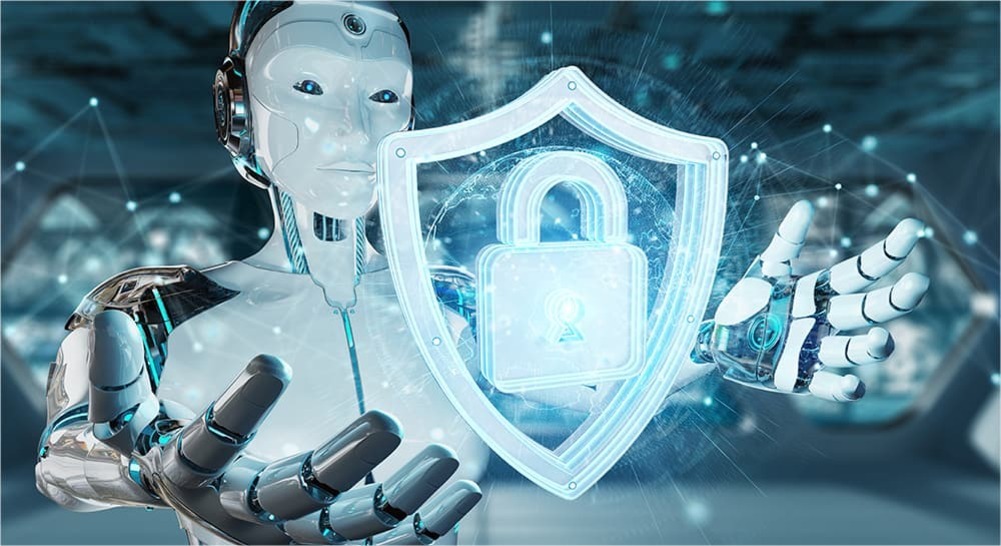 로봇이 손을 펼치고 있으며, 그 앞에 자물쇠가 그려진 디지털 방패 아이콘이 떠 있다. 사이버 보안과 인공지능의 결합을 상징하는 이미지이다.