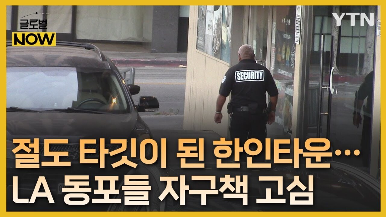 SECURITY라고 적힌 유니폼을 입은 경비원이 한인타운 거리에서 건물 옆을 걷고 있다. 화면에는 '절도 타깃이 된 한인타운… LA 동포들 자구책 고심'이라는 문구가 크게 보인다.