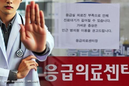 응급의료센터 앞에서 의사가 손바닥을 들어 보이며 진입을 제지하는 모습과, '응급실 의료진 부족으로 인해 진료대기가 길어질 수 있습니다. 가벼운 증상은 인근 병원 이용을 권고드립니다.'라는 안내문이 붙어 있다.