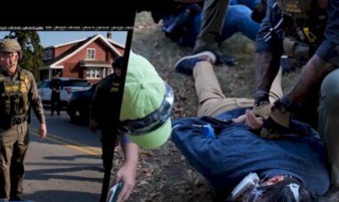 경찰관이 집 앞 도로를 걷는 장면과, 다른 한쪽에서는 경찰들이 바닥에 누워있는 사람을 제압하고 있는 모습이 나누어진 화면으로 보인다.