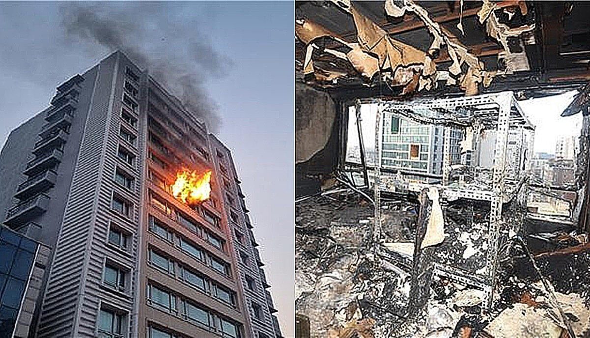 왼쪽에는 고층 건물의 한 층에서 불길과 연기가 치솟고 있고, 오른쪽에는 화재로 인해 내부가 심하게 탄 방의 모습이 보인다.