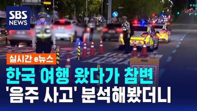 야간 도로에서 경찰들이 교통 단속을 하고 있으며, SBS 뉴스 로고와 함께 '한국 여행 왔다가 참변 음주 사고 분석해봤더니'라는 자막이 표시되어 있다.